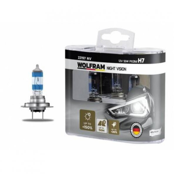 WOLFRAM 22197 NV AMPUL 12V H7 55 PX26d NIGHT VISION 150 FAZLA 20 BEYAZ IŞIK