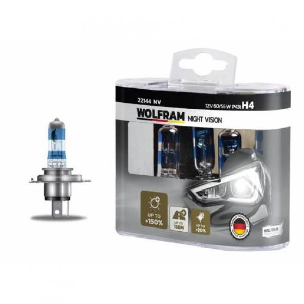 WOLFRAM 22144 NV AMPUL 12V H4 60/55 P43t NIGHT VISION 150 FAZLA 20 BEYAZ IŞIK