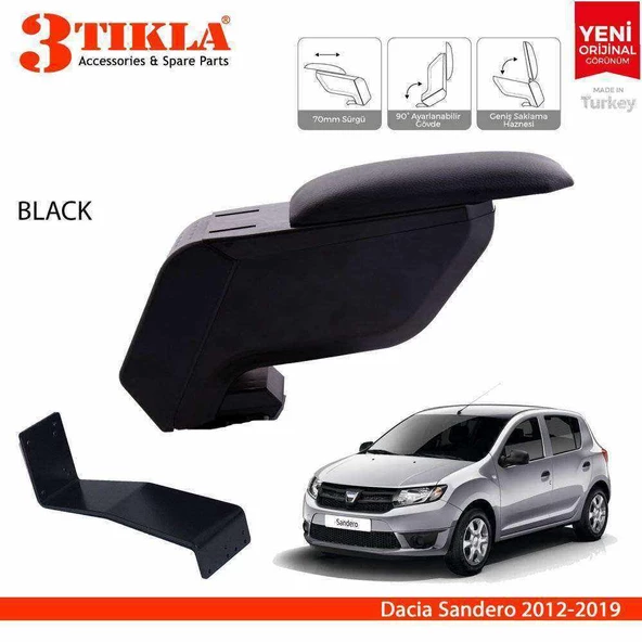 3 Tıkla Dacia Sandero 2012-2019 Delmesiz Çelik Ayaklı Siyah Kolçak Kol Dayama