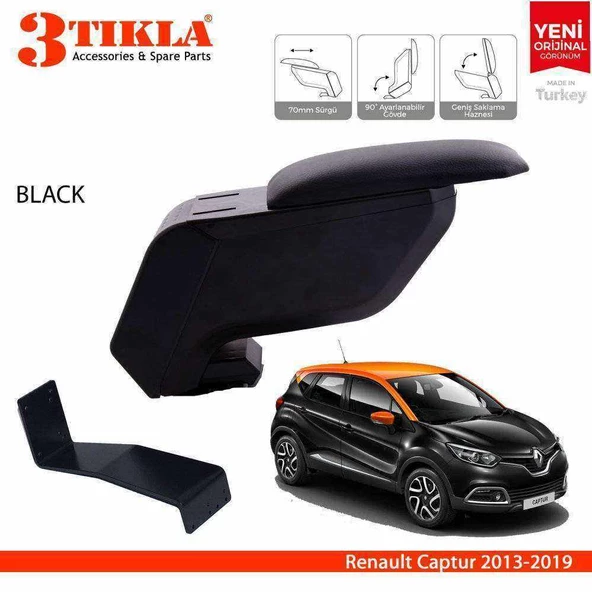 3 Tıkla Renault Captur 2013-2019 Delmesiz Çelik Ayaklı Siyah Kolçak Kol Dayama