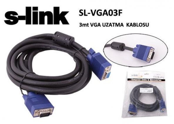 S-Link SL-VGA03F VGA 3 Mt VGA to VGA Erkek-Erkek Siyah VGA Görüntü Kablosu