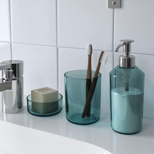 3 Parça Banyo Cam Sabunluk Takımı MeridyenDukkan Turkuaz Renk Banyo Aksesuar Seti - 2