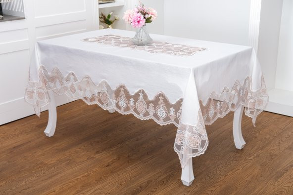 Finezza Sofia Lüx Dantelli Simli Keten Kumaş Krem Masa Örtüsü 160x220 cm-1475