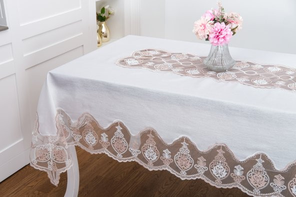 Finezza Sofia Lüx Dantelli Simli Keten Kumaş Krem Masa Örtüsü 160x220 cm-1475 - 2