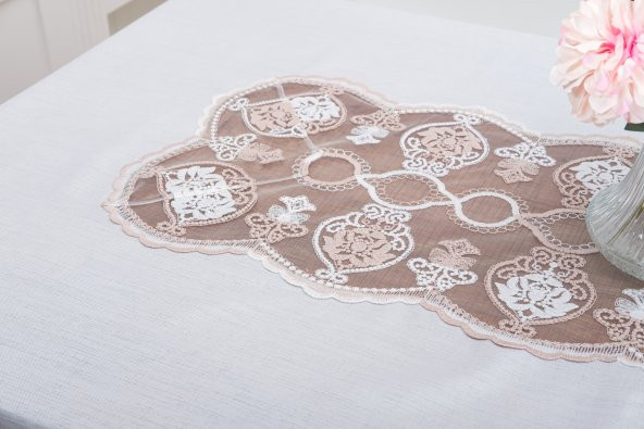 Finezza Sofia Lüx Dantelli Simli Keten Kumaş Krem Masa Örtüsü 160x220 cm-1475 - 3