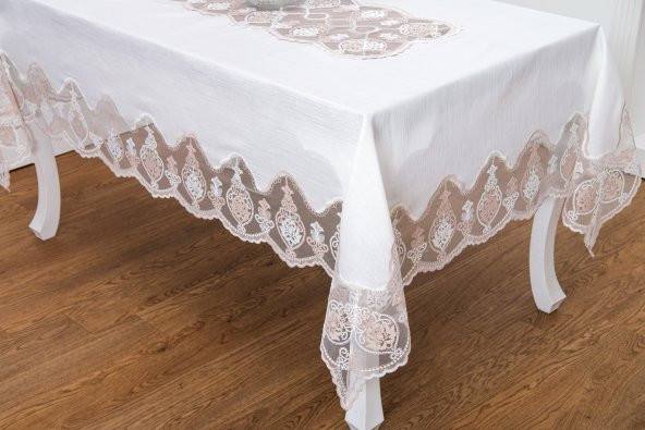 Finezza Sofia Lüx Dantelli Simli Keten Kumaş Krem Masa Örtüsü 160x220 cm-1475 - 4