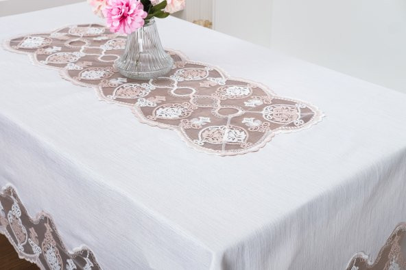 Finezza Sofia Lüx Dantelli Simli Keten Kumaş Krem Masa Örtüsü 160x220 cm-1475 - 5
