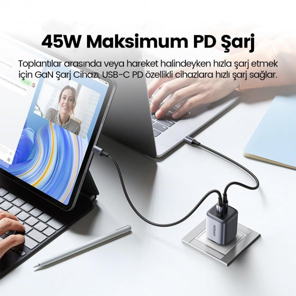 Ugreen Nexode 45W USB Type-C QC 4.0 PD GaN X 2 Portlu Hızlı Şarj Cihazı - 4