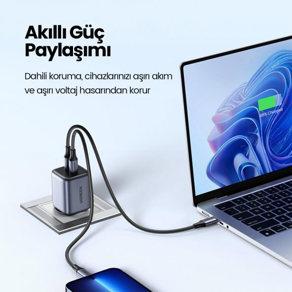 Ugreen Nexode 45W USB Type-C QC 4.0 PD GaN X 2 Portlu Hızlı Şarj Cihazı - 6