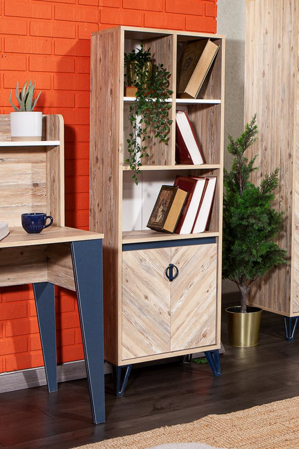 Arda Kitaplık Dekoratif 5 Raflı 2 Kapaklı Suntalam Kitaplık - Atlantik Çam - 2