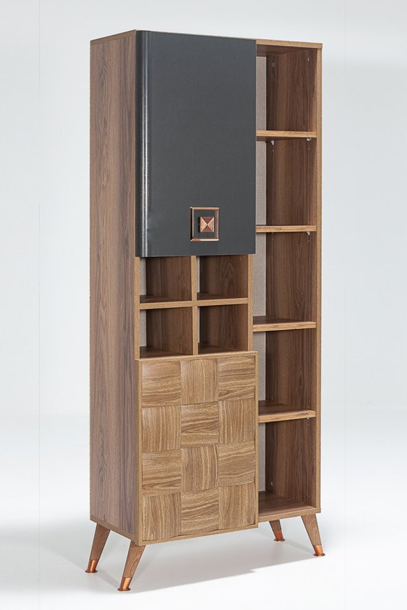 Retro Kitaplık Dekoratif 9 Raflı 2 Kapaklı Suntalam Kitaplık - Ceviz/Koyu Lacivert - 2