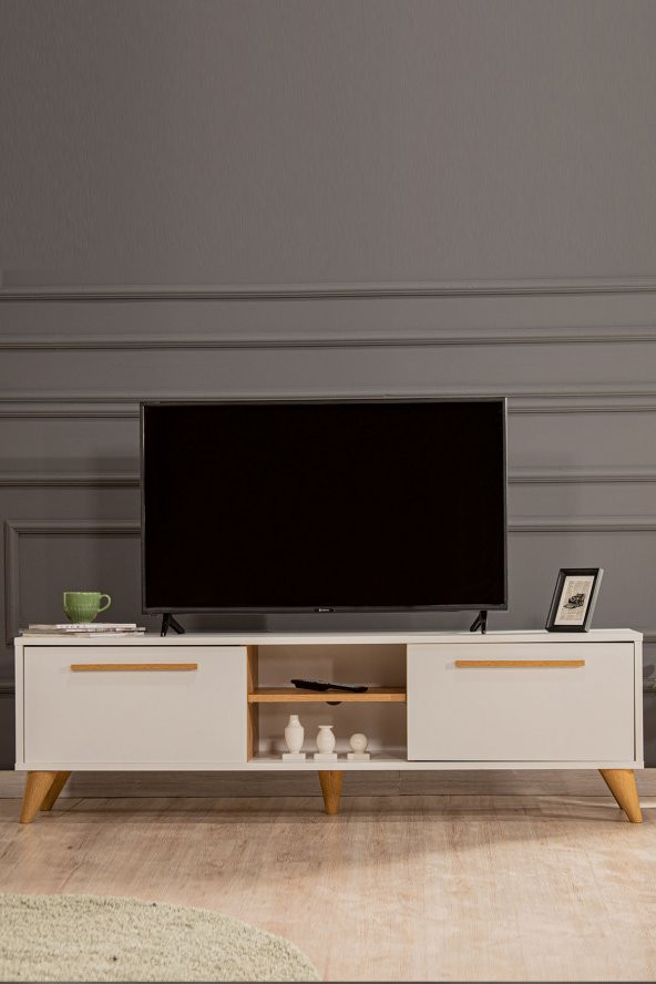 White 160x35 2 Kapaklı Tv Sehpası - Beyaz