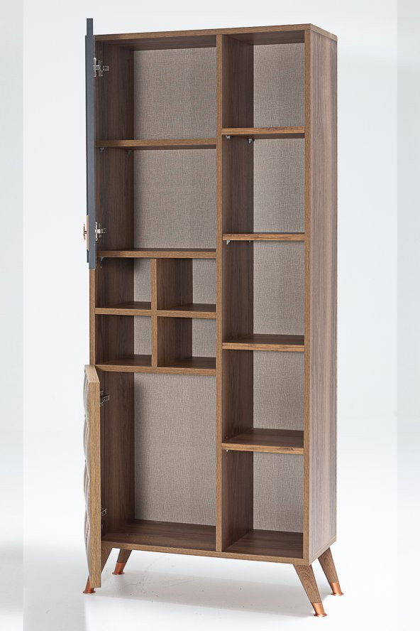 Retro Kitaplık Dekoratif 9 Raflı 2 Kapaklı Suntalam Kitaplık - Ceviz/Koyu Lacivert - 3