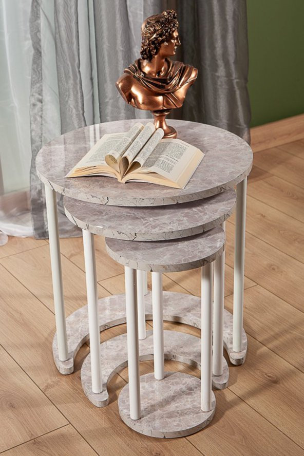 Lexus Üçlü Zigon Sehpa Salon Takım - Beyaz&Mermer Desen - 2