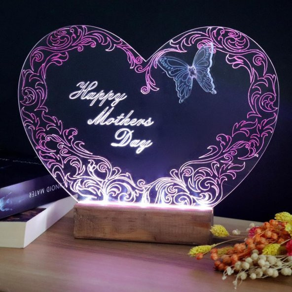 Veraart El Yapımı Boyama Kalpli Happy Mothers Day Işıklı Pleksi Kişiye Özel Gece Lambası Anneler Günü Hediyesi 1. Desen