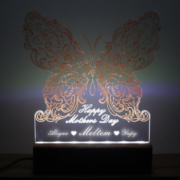 Veraart El Yapımı Boyama Kelebek Desenli Happy Mothers Day Işıklı Pleksi Kişiye Özel Gece Lambası Anneler Günü Hediyesi