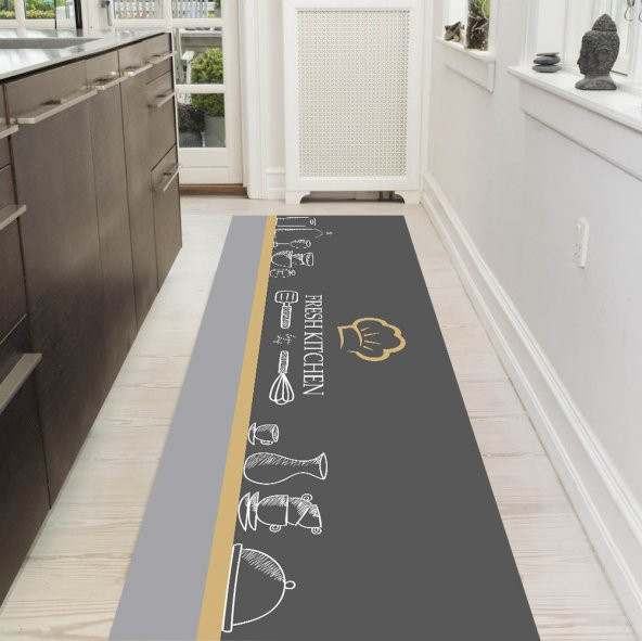 Gri Mutfak Halısı, Dekoratif Mutfak Halısı, Yıkanabilir Mutfak Halısı, Leke Tutmaz Mutfak Halısı - Resim 2