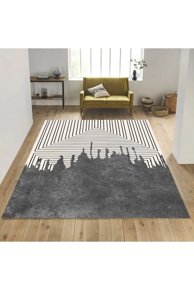 Gri Renk Koridor Halısı, Çizgi Desen Yolluk, Dekoratif Yolluk, Koridor Halısı, Uzun Halı, Antre Halı - 4