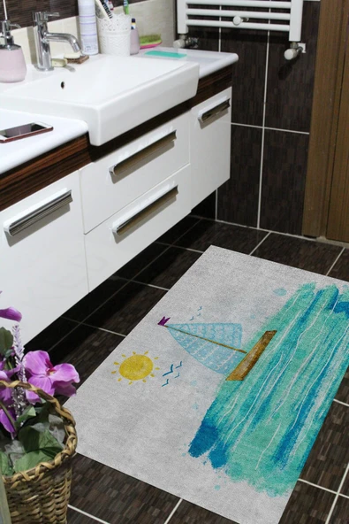 Kaymaz Taban, Yelkenli Desenli Banyo Paspası, Dekoratif Paspas, 60x100 Cm - 5