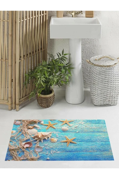 Kaymaz Taban, Deniz Kabuğu Desenli Banyo Paspası, Dekoratif Paspas, 60x100 Cm