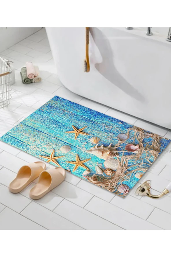 Kaymaz Taban, Deniz Kabuğu Desenli Banyo Paspası, Dekoratif Paspas, 60x100 Cm - 4