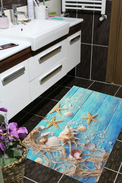 Kaymaz Taban, Deniz Kabuğu Desenli Banyo Paspası, Dekoratif Paspas, 60x100 Cm - 5