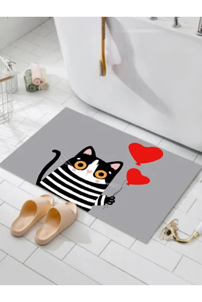 Sevimli Kedi Banyo Paspası, Kalpli Paspas, Kaymaz Taban, Klozet Takımı, Dekoratif Paspas, 60x100 Cm - 5