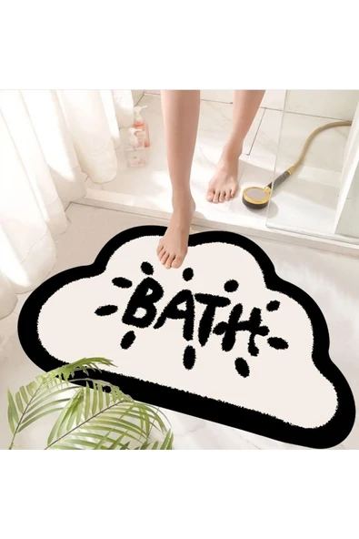 Kaymaz Taban, Bulut Desenli, Bath Yazılı Banyo Paspası, Dekoratif Paspas, 60x100 Cm - 3