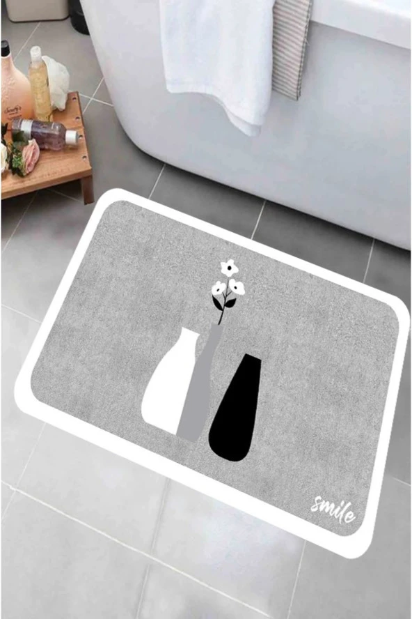 Kaymaz Taban Çiçekli Saksı Desenli Banyo Paspası Dekoratif Paspas 60x100cm Smile