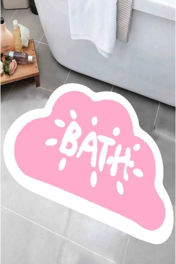 Kaymaz Taban, Bulut Desenli, Bath Yazılı Banyo Paspası, Dekoratif Paspas, 60x100 Cm