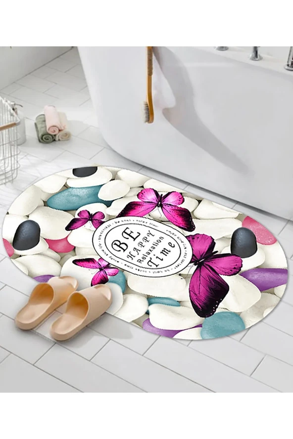 Kaymaz Taban Kelebek Desenli Banyo Paspası Dekoratif Paspas 60x100 cm