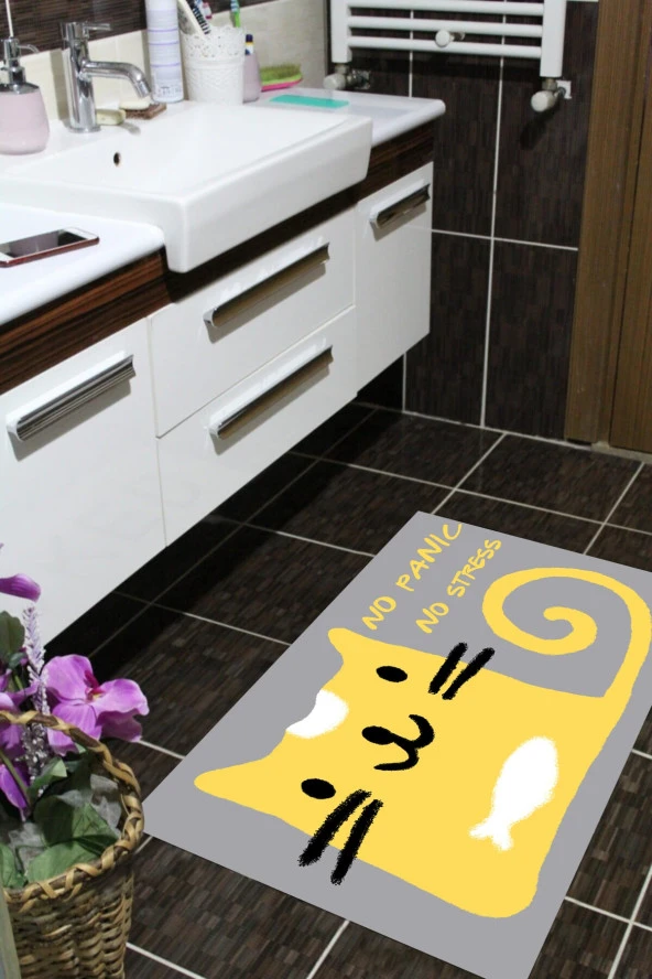 Kaymaz Taban, Kedi Desenli Banyo Paspası, Dekoratif Paspas, 60x100 Cm No Stress No Panic