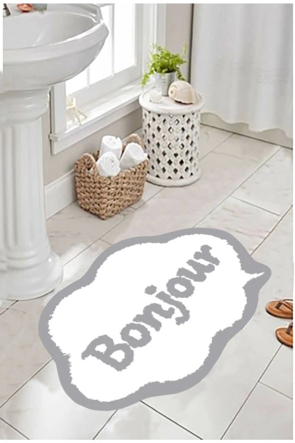 Kaymaz Taban, Bonjour Yazılı Banyo Paspası, Dekoratif Paspas - 3