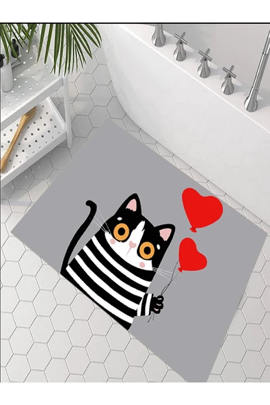 Sevimli Kedi Banyo Paspası, Kalpli Paspas, Kaymaz Taban, Klozet Takımı, Dekoratif Paspas, 60x100 Cm - 6