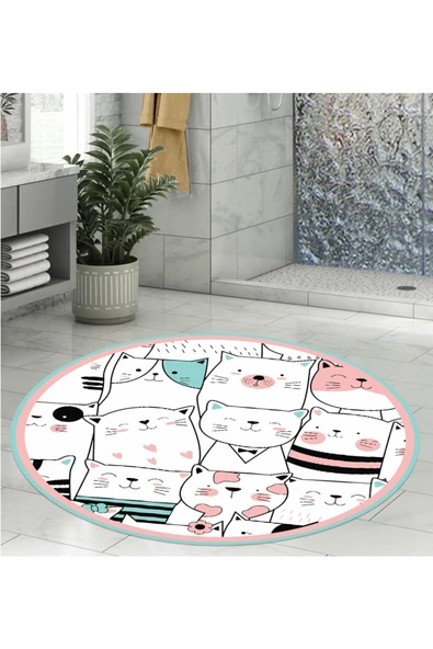 Banyo Paspası, Kedi Desenli, 80cmx80cm, Banyo Paspas Yuvarlak, Kaymaz Taban Halı, Yıkanabilir - 2