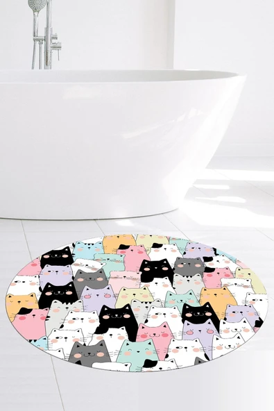 , Banyo Paspası, Kedi Desenli, 80cmx80cm, Yuvarlak, Kaymaz Taban Halı - 3