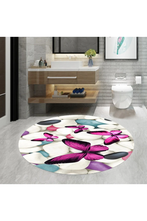 Banyo Paspası Kelebek Desenli 80cmx80cm Yuvarlak, Kaymaz Taban Halı