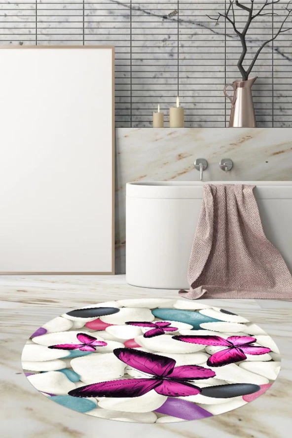 Banyo Paspası Kelebek Desenli 80cmx80cm Yuvarlak, Kaymaz Taban Halı - 2