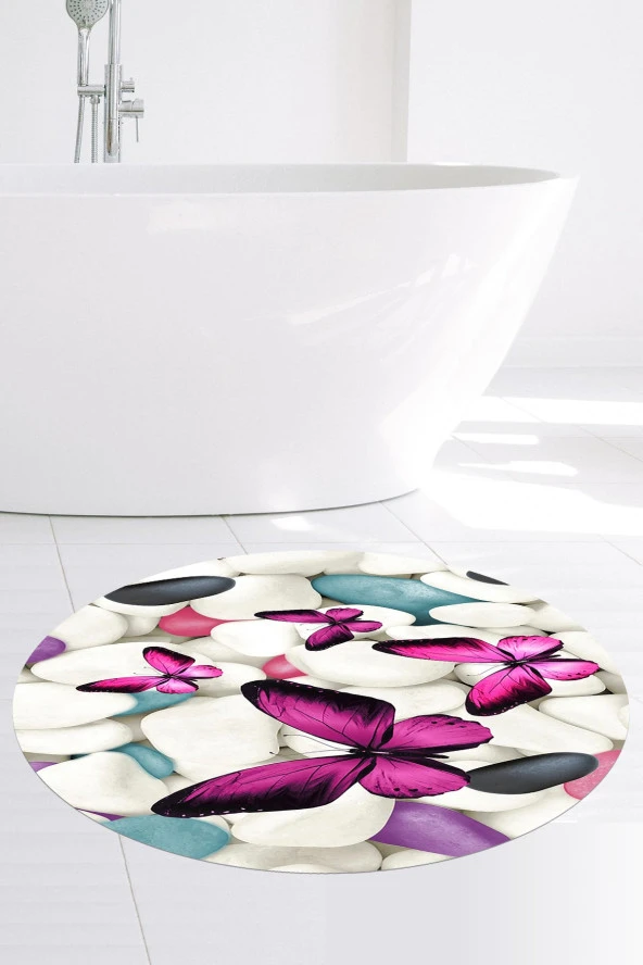 Banyo Paspası Kelebek Desenli 80cmx80cm Yuvarlak, Kaymaz Taban Halı - 3