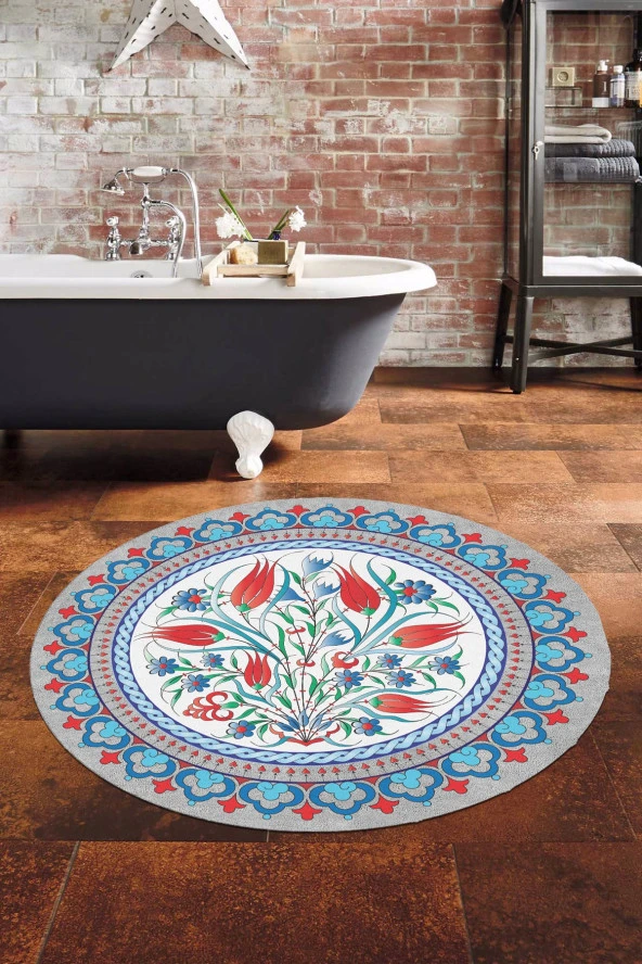 Banyo Paspası, Lale Desenli, 80cmx80cm, Yuvarlak, Kaymaz Taban Halı