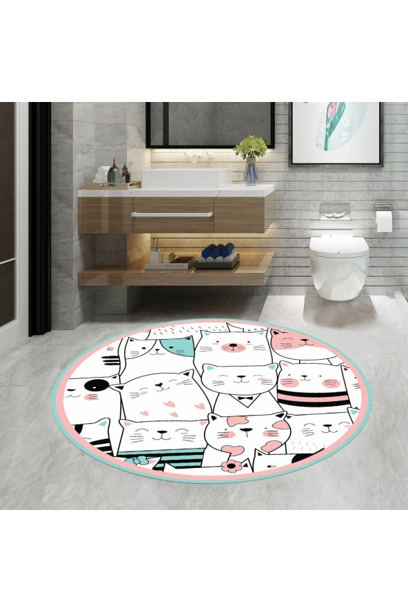 Banyo Paspası, Kedi Desenli, 80cmx80cm, Banyo Paspas Yuvarlak, Kaymaz Taban Halı, Yıkanabilir