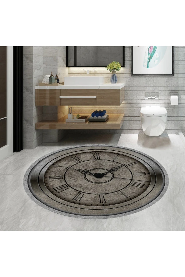 Banyo Paspası Saat Desenli, 80cmx80cm Yuvarlak, Kaymaz Taban Halı