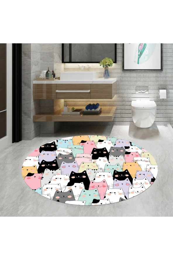 , Banyo Paspası, Kedi Desenli, 80cmx80cm, Yuvarlak, Kaymaz Taban Halı