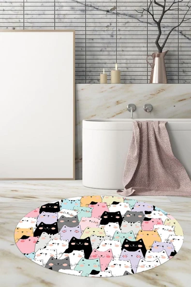 , Banyo Paspası, Kedi Desenli, 80cmx80cm, Yuvarlak, Kaymaz Taban Halı - 2