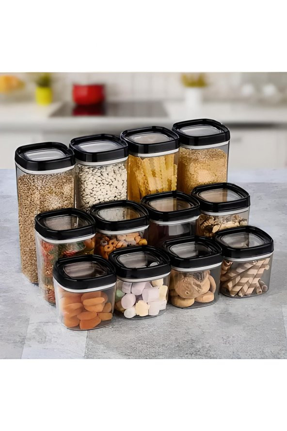 Erzak Saklama Kabı 12 Parça Set Siyah (4 Adet 1800ml & 4 Adet 1000ml & 4 Adet 600ml) - 7