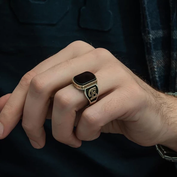 Siyah Oniks Taşlı Harfli 925 Gümüş Erkek Yüzük - 5