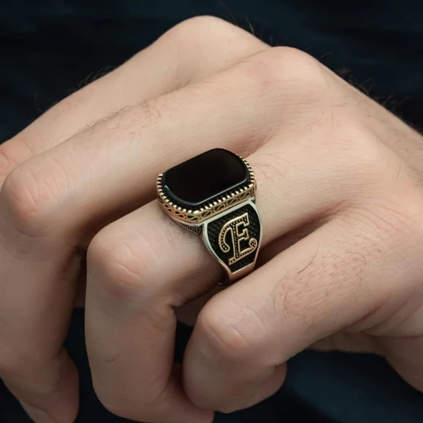 Siyah Oniks Taşlı Harfli 925 Gümüş Erkek Yüzük - 8