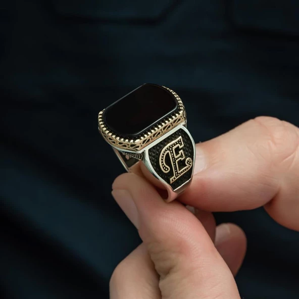 Siyah Oniks Taşlı Harfli 925 Gümüş Erkek Yüzük - 3