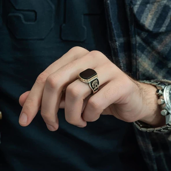 Siyah Oniks Taşlı Harfli 925 Gümüş Erkek Yüzük - 4