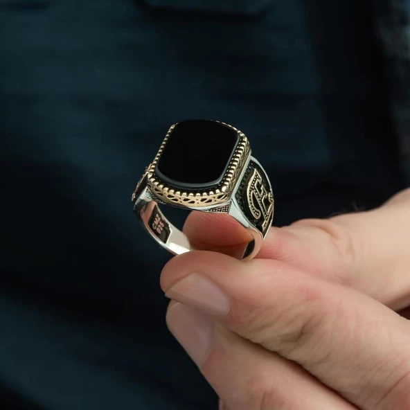 Siyah Oniks Taşlı Harfli 925 Gümüş Erkek Yüzük - 6